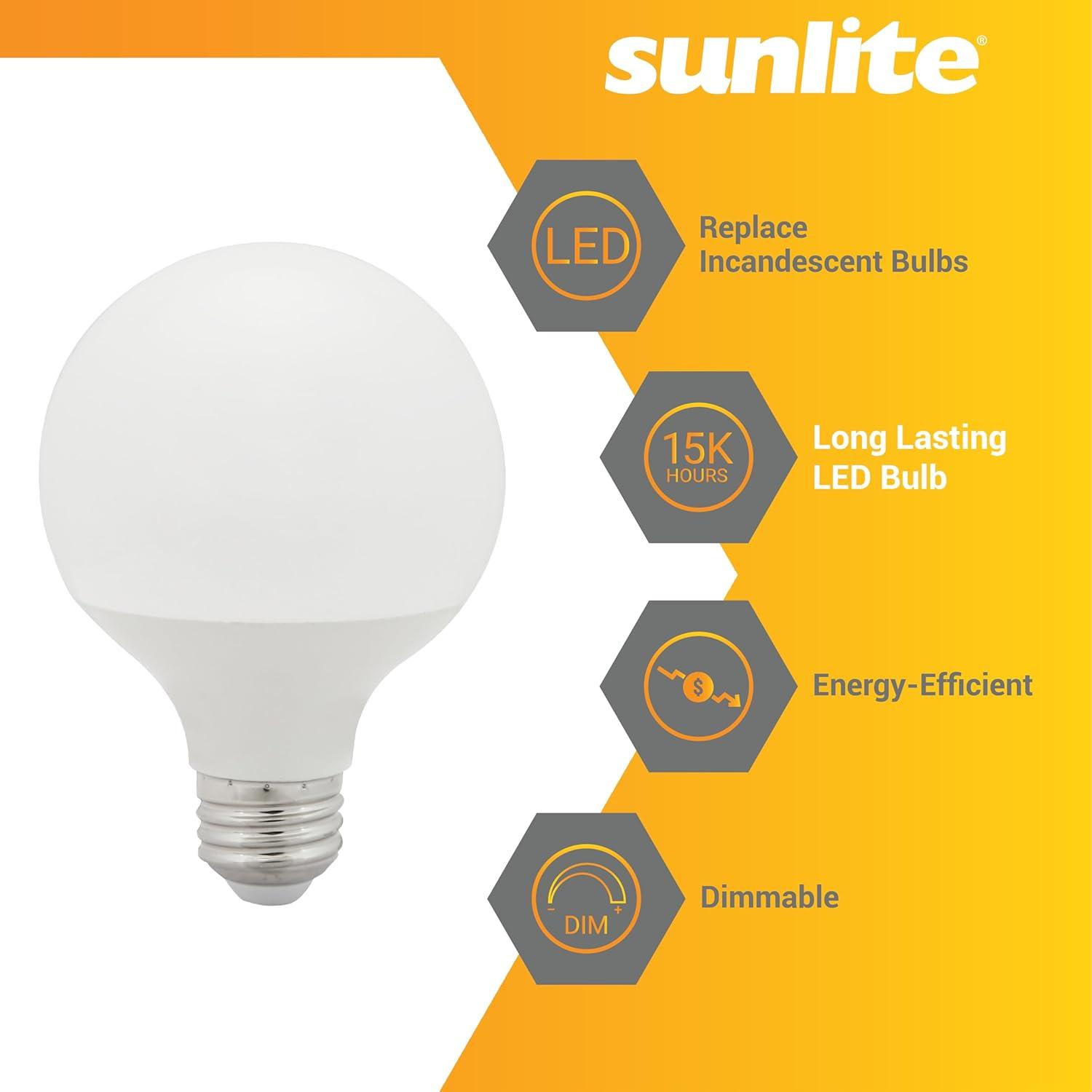 Sunlite LED G25 Globe Light Bulb, 6 Watts (60W Equivalent), Standard E26 Base, 520 Lumens, Dimmable, Frosted, 90 CRI, 5000K Daylight, 6 Pack