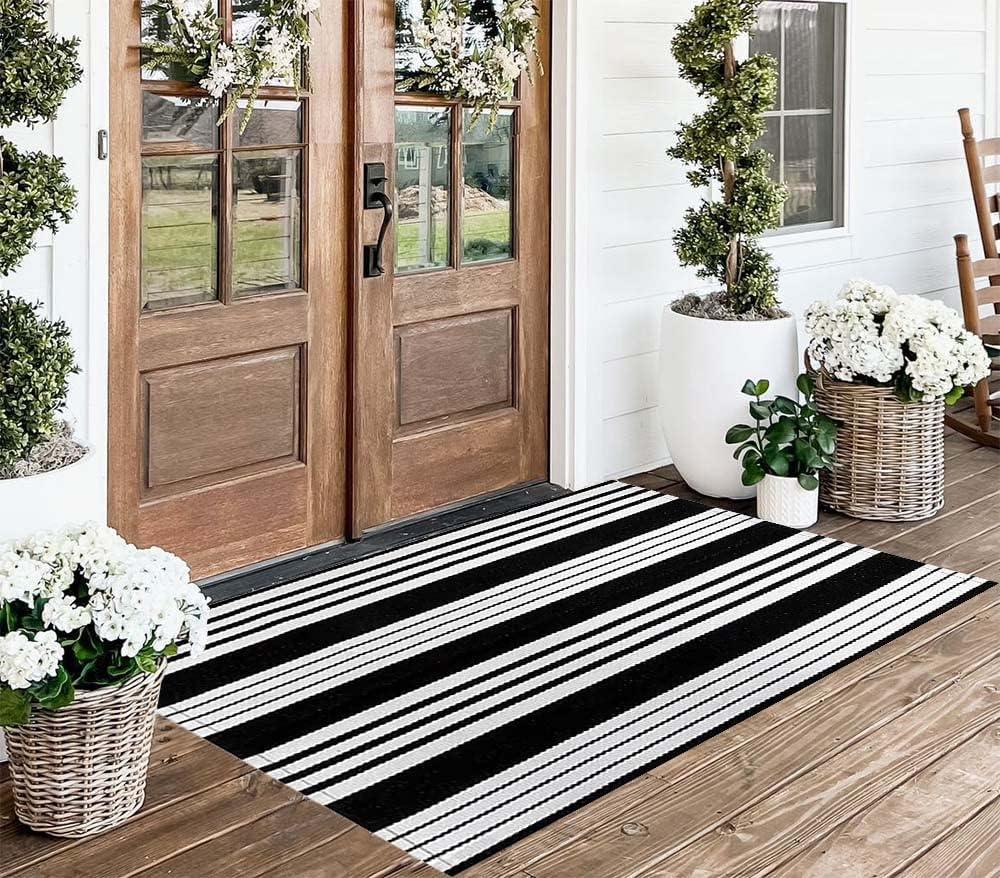 Black and White Striped Hand-Woven Outdoor Rug 24'' x 51''