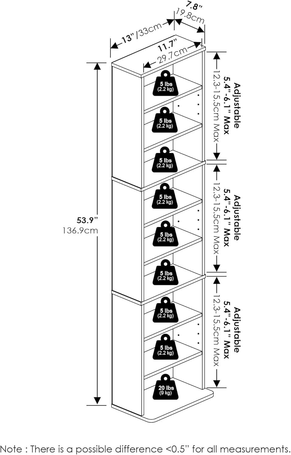 Furinno JAYA 9-Shelf Multimedia Media Storage Tower Rack with Adjustable Shelves, Amber Pine