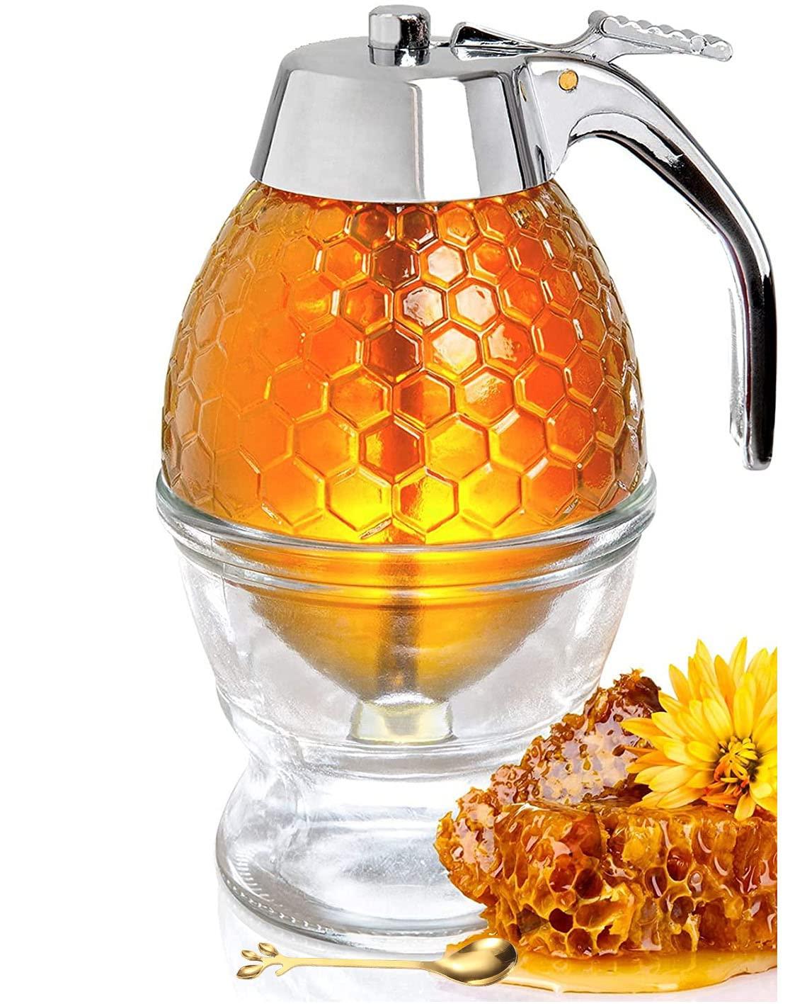 hunnibi Glass Honey Dispenser with Stand and Stainless Steel, Clear