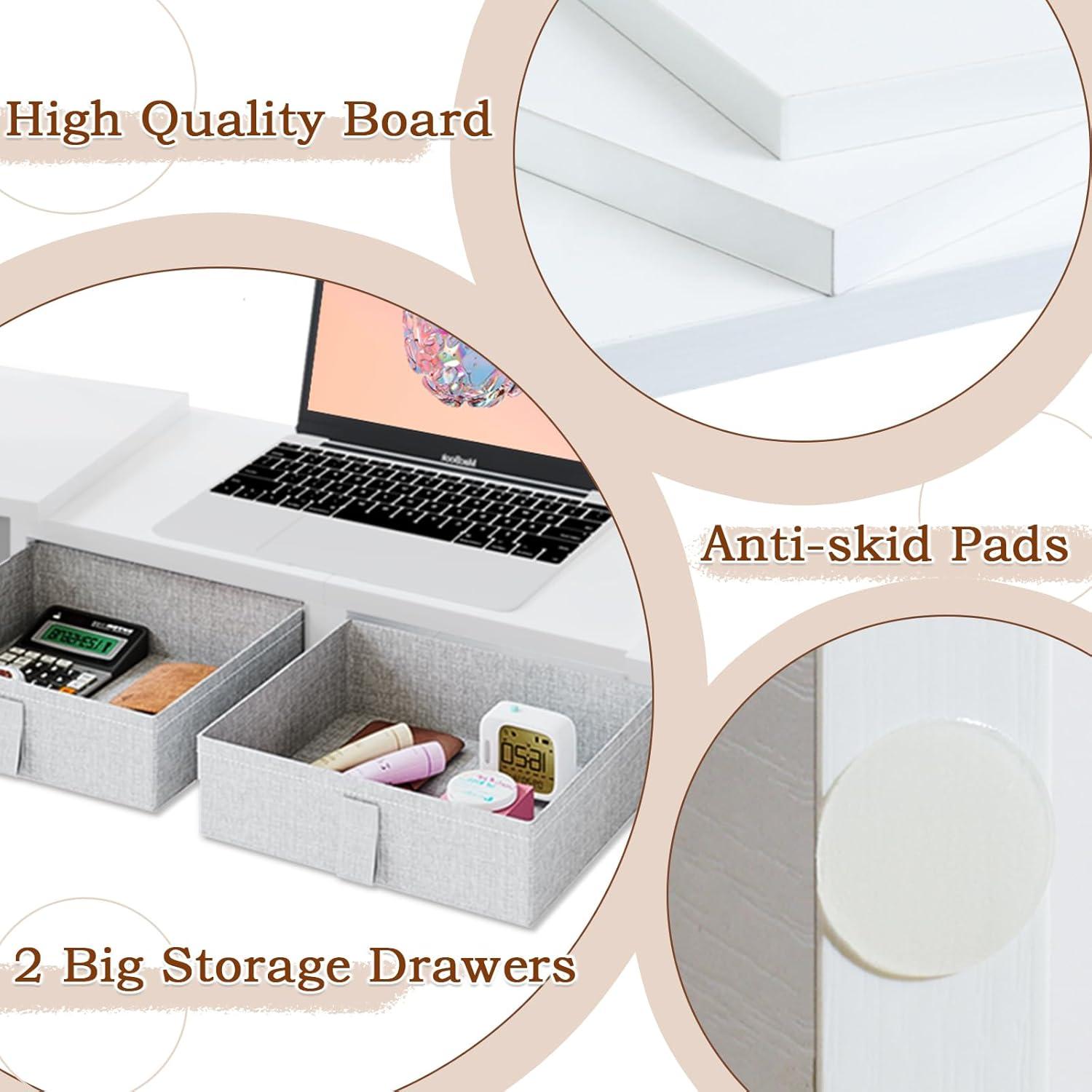 White Adjustable Dual Monitor Stand with Storage Drawers