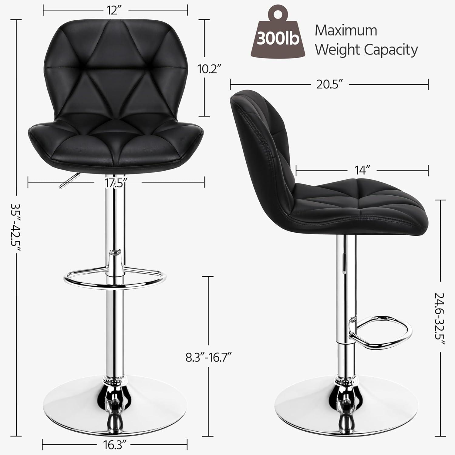 Modern Black Faux Leather Adjustable Swivel Bar Stools, Set of 2