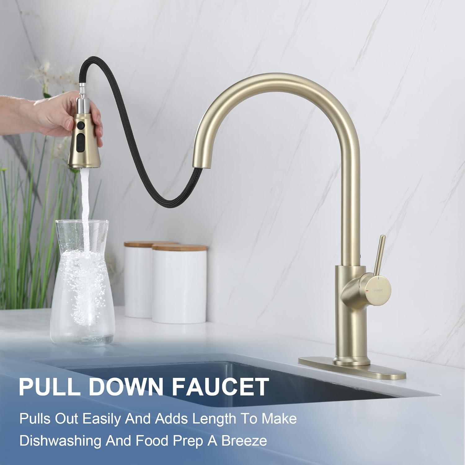 1pc High-Arc Kitchen Faucet with Pull-Down Spray - Single Handle Commercial Stainless Steel Brushed Nickel Kitchen Sink Faucet with Deck - Suitable for Bar, Laundry, RV, Farmhouse