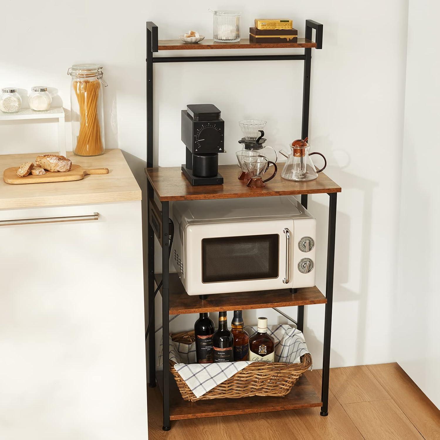 Rustic Brown 5-Tier Bakers Rack with Power Outlet