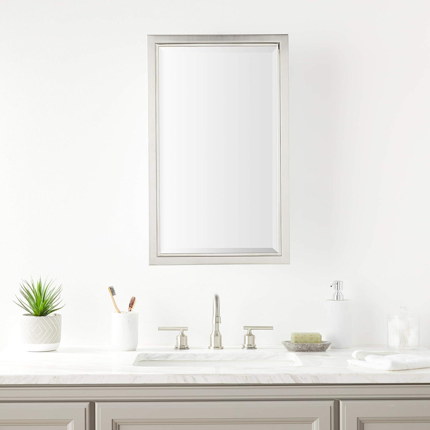Head West Recessed Medicine Cabinet with Mirror - Brushed Nickel & Chrome Framed Beveled Edge Stainless Steel Bathroom Mirror with Storage - 16" x 26"