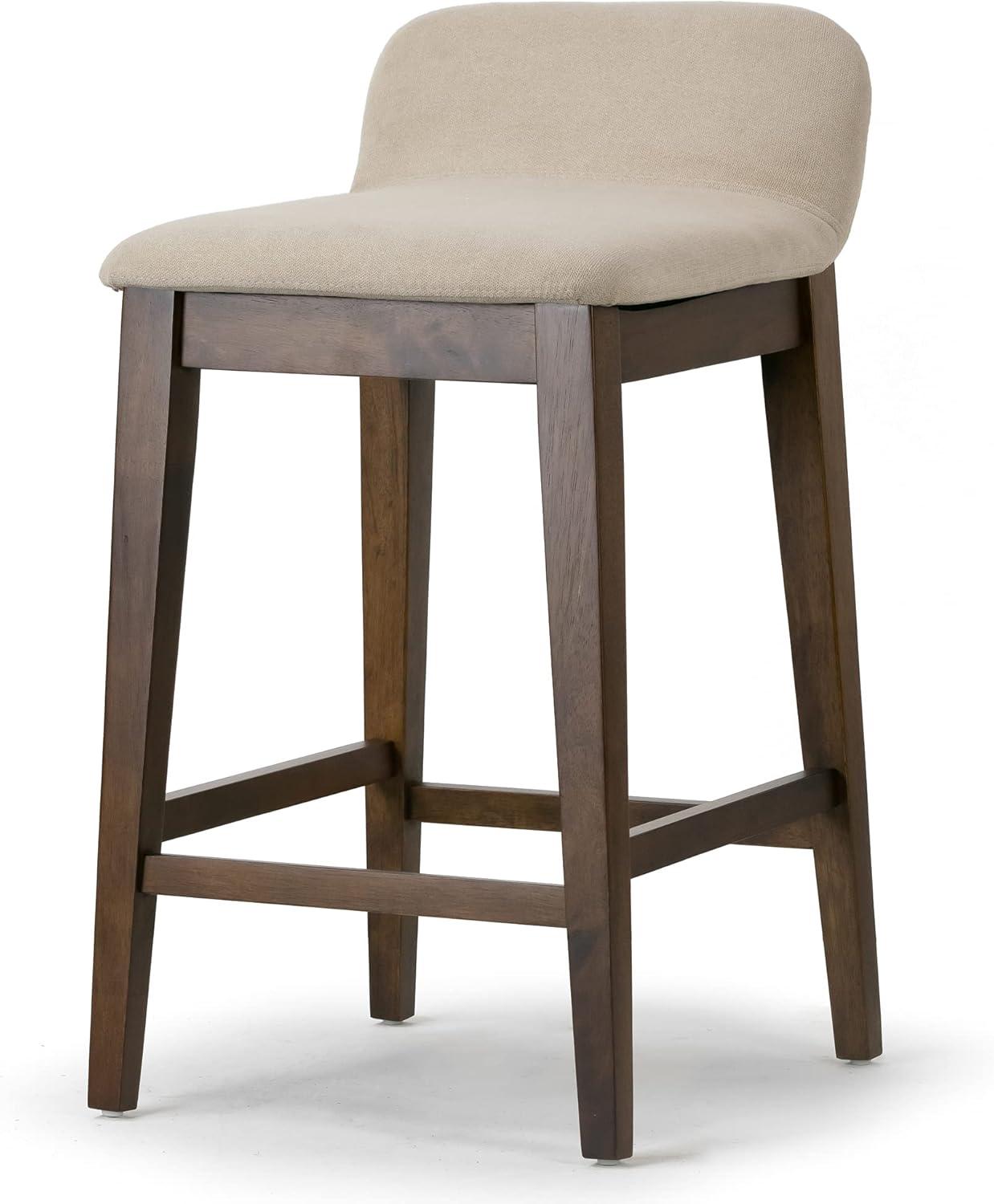 Set of 2 Dark Brown Wood Counter Stools with Beige Fabric Seats