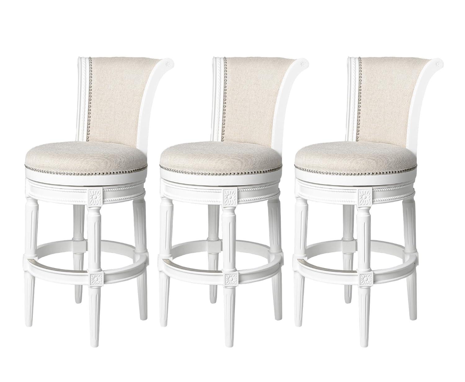 Maven Lane Pullman 31 Inch Tall Bar Height Upholstered Barstool with Back in Reclaimed Oak Finish with Ash Grey Fabric Cushion Seat, Set of 3