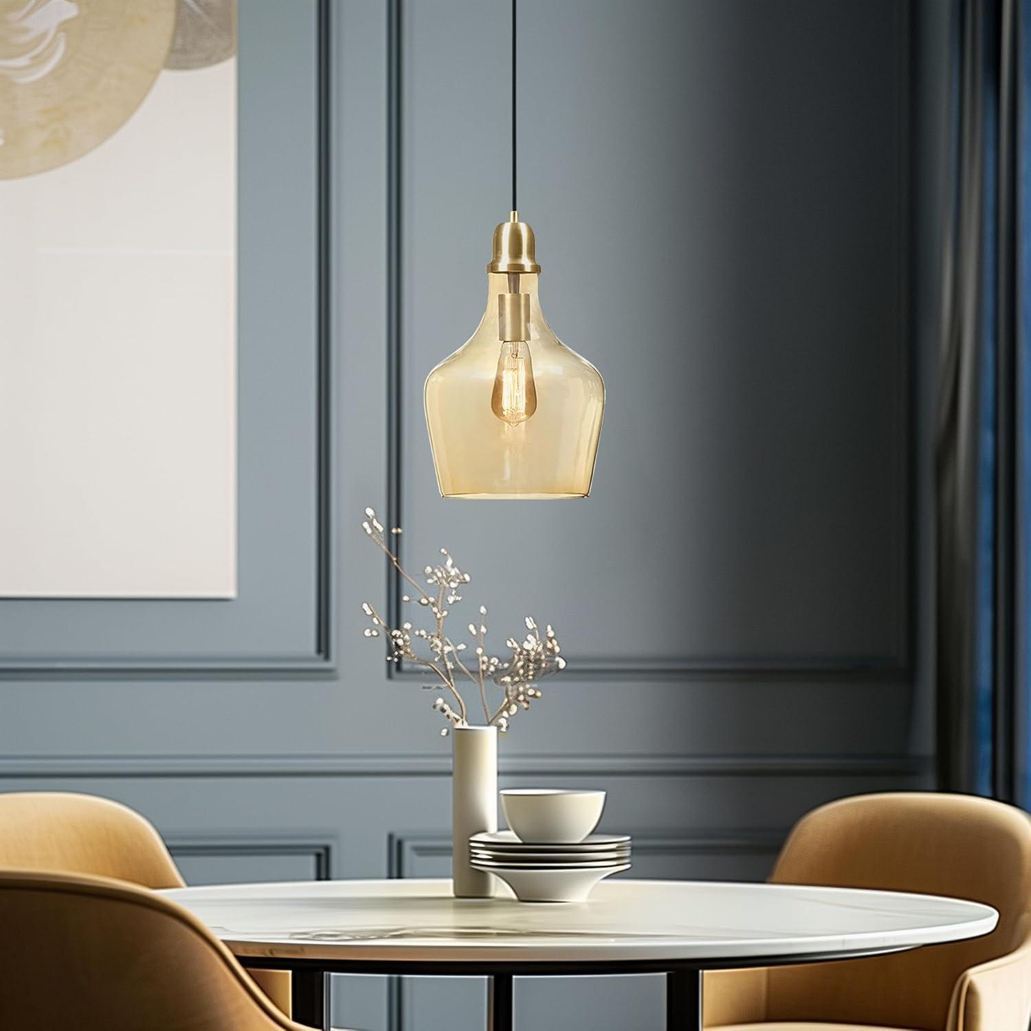 Hampton Hill Auburn Pendant Kitchen Lighting for Dining Room, Industrial Kitchen Lights, Hand-Blown Glass Bell Shaped Pendant Light for Kitchen Island, Foyer, Bedroom, 9" Dia x 95.5" H, Gold/Amber