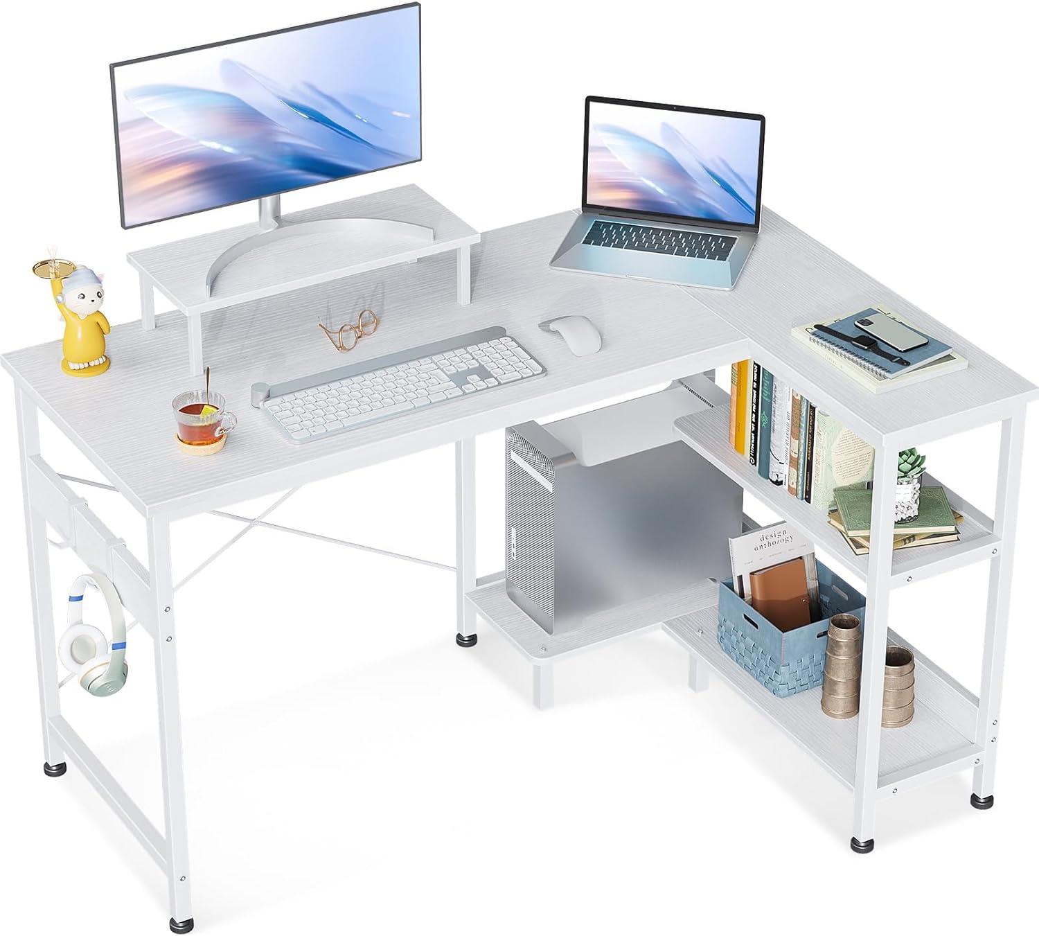 ODK 47 Inch Compact L Shaped Desk for Apartment, Living Room, Bedroom, or Office with Storage Shelves, Headphone Hook, and Monitor Stand