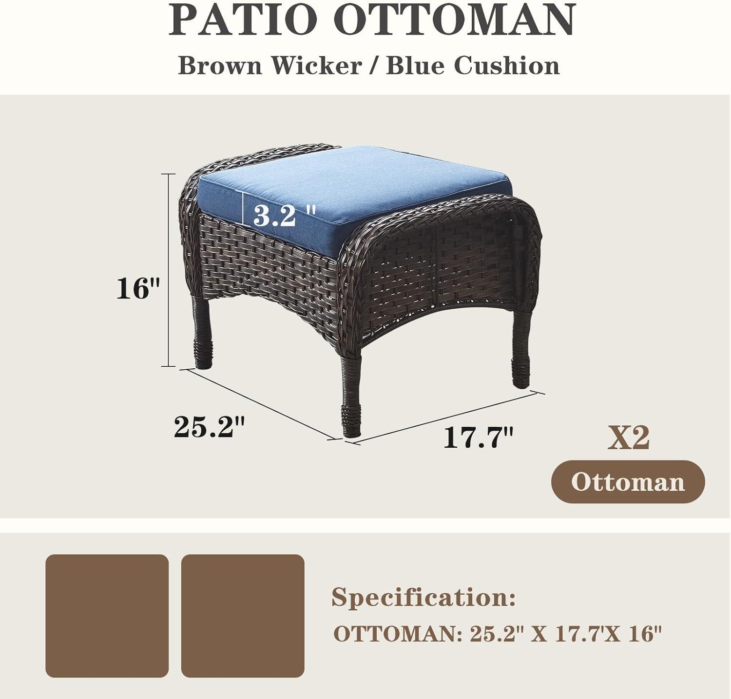 Flat Armrest Series Brown Wicker Outdoor Patio Ottoman with CushionGuard Blue Cushions (2-Pack)