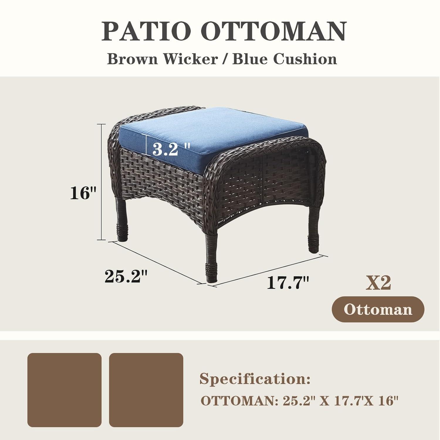 Flat Armrest Series Brown Wicker Outdoor Patio Ottoman with CushionGuard Blue Cushions (2-Pack)