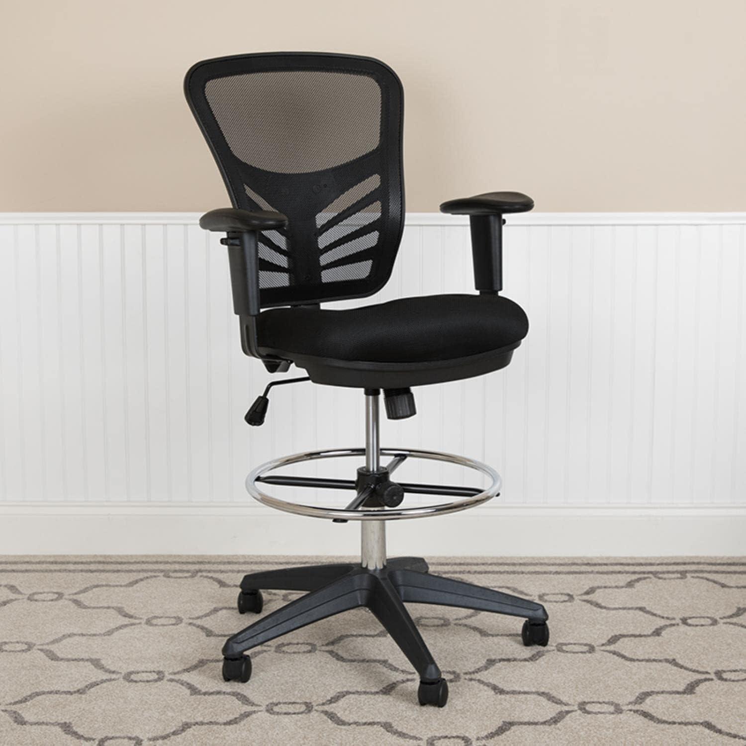 Mid-Back Ergonomic Drafting Chair with Adjustable Chrome Foot Ring, Adjustable Arms