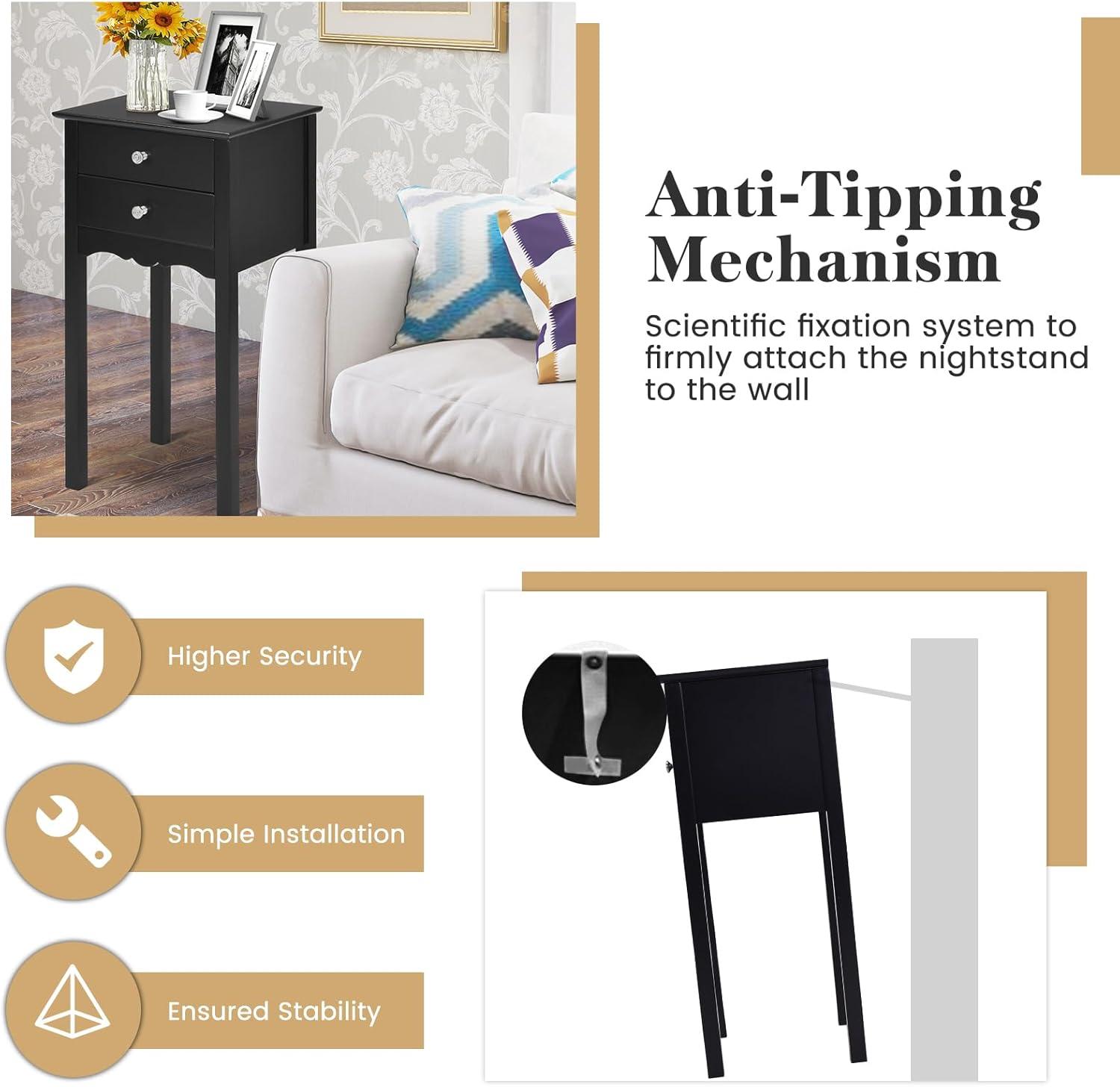 Giantex 2 Pcs End Table w/ 2 Drawers Side Table Nightstand Multi-Purpose Accent Table Living Room Bedroom Home Furniture (2, Black)