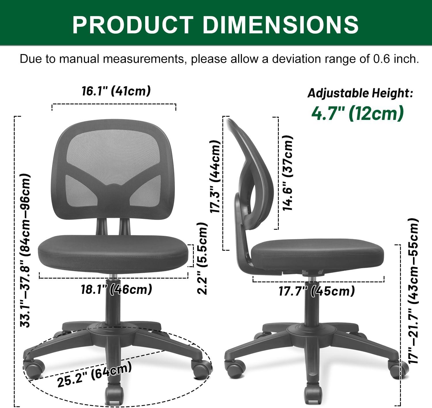 KOLLIEE Armless Office Chair Mesh Ergonomic Small Desk Chair Armless Adjustable Swivel Black Computer Task Chair No Armrest Mid Back Home Office Chair for Small Spaces