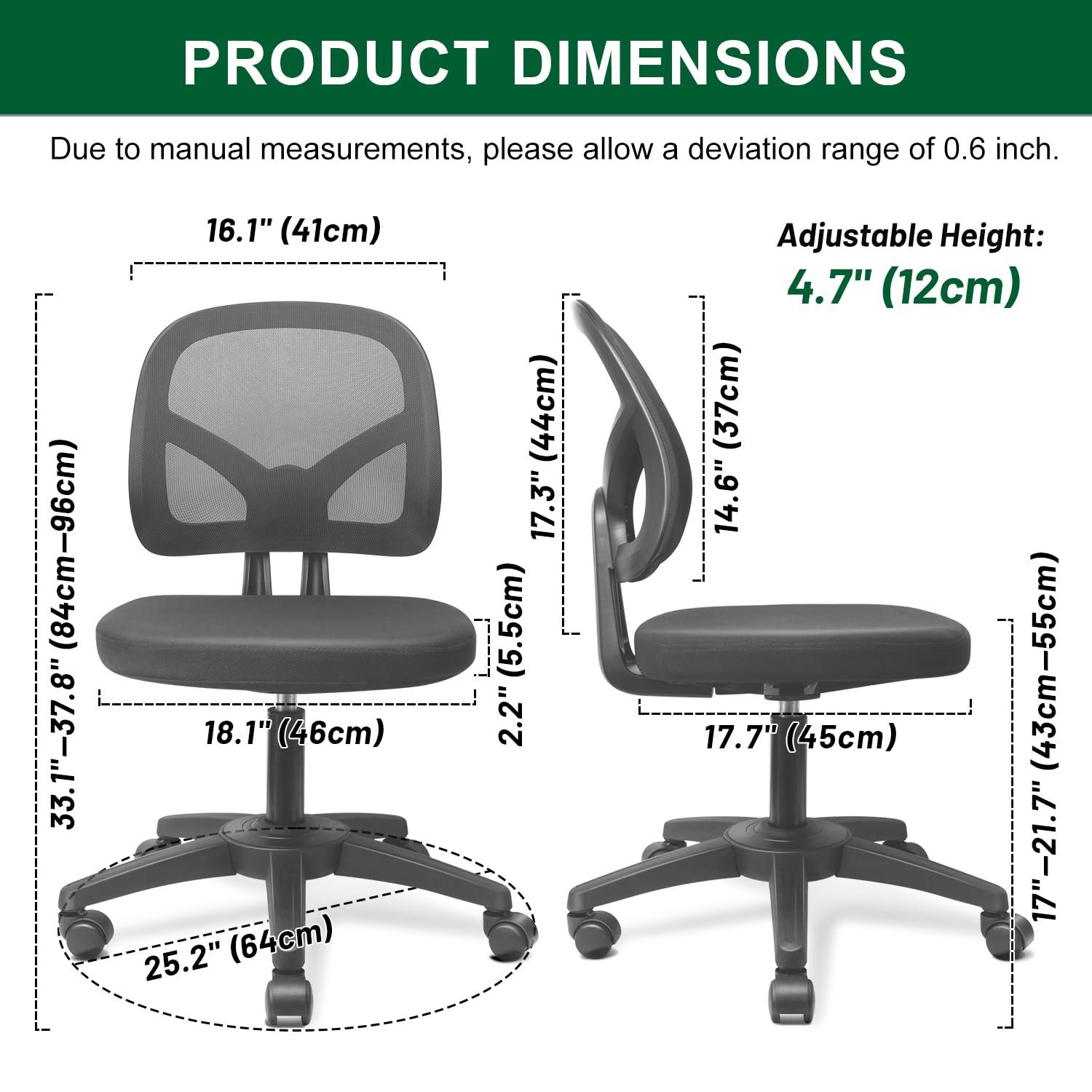 KOLLIEE Armless Office Chair Mesh Ergonomic Small Desk Chair Armless Adjustable Swivel Black Computer Task Chair No Armrest Mid Back Home Office Chair for Small Spaces