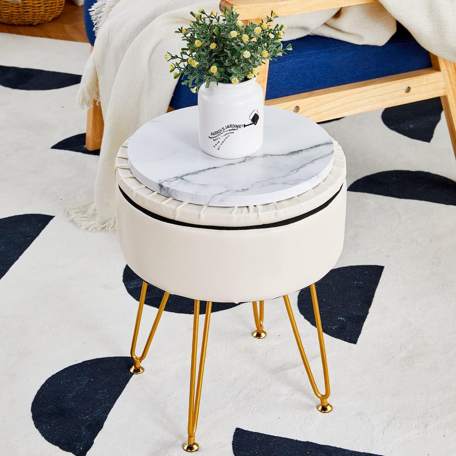 White Faux Leather Round Storage Ottoman with Gold Metal Legs