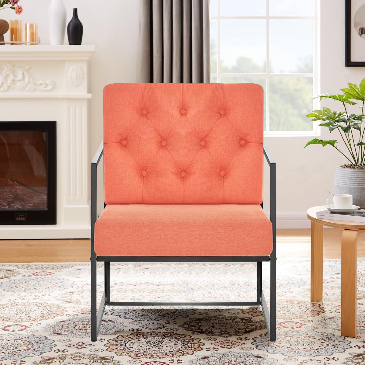 Living Room Chairs - Accent Chair with Upholstered Soft Comfortable Oversized Armchair Featuring Classic Metal Frame for Bedroom, Reading Room, Office Relaxation (Mid-Century Modern, Orange)