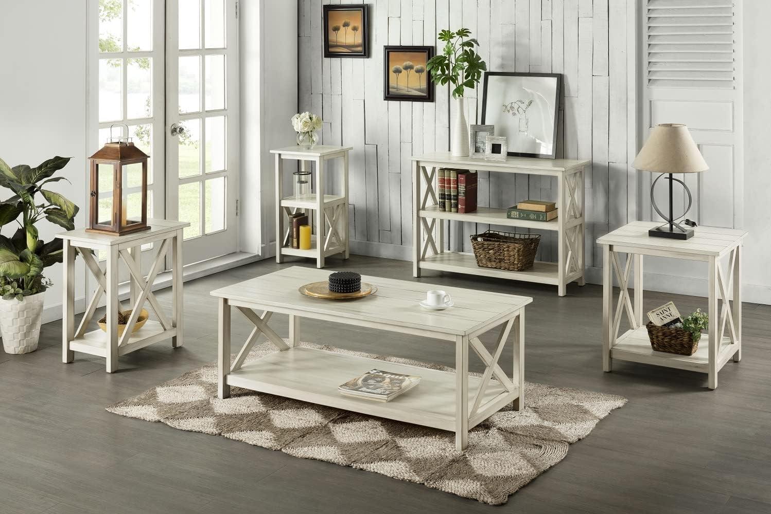 Farmhouse Charm Whitewash Solid Wood Rectangular Side Table