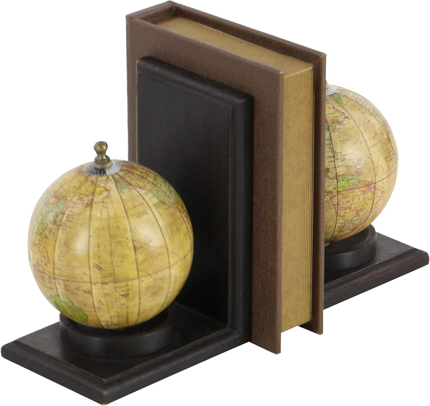 Elegant Sepia Globe Wooden Bookends with Metallic Accents, Set of 2