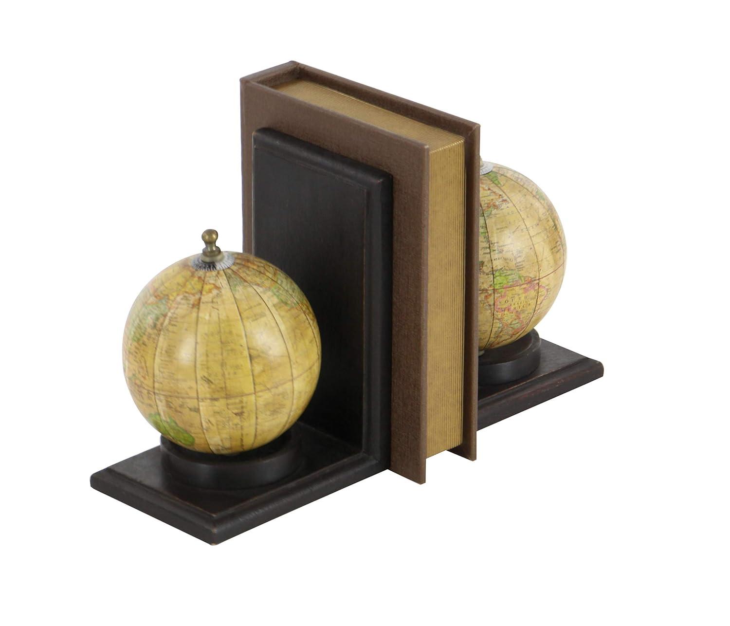 DecMode 6" Globe World Map Brown Wood Bookends (Set of 2)