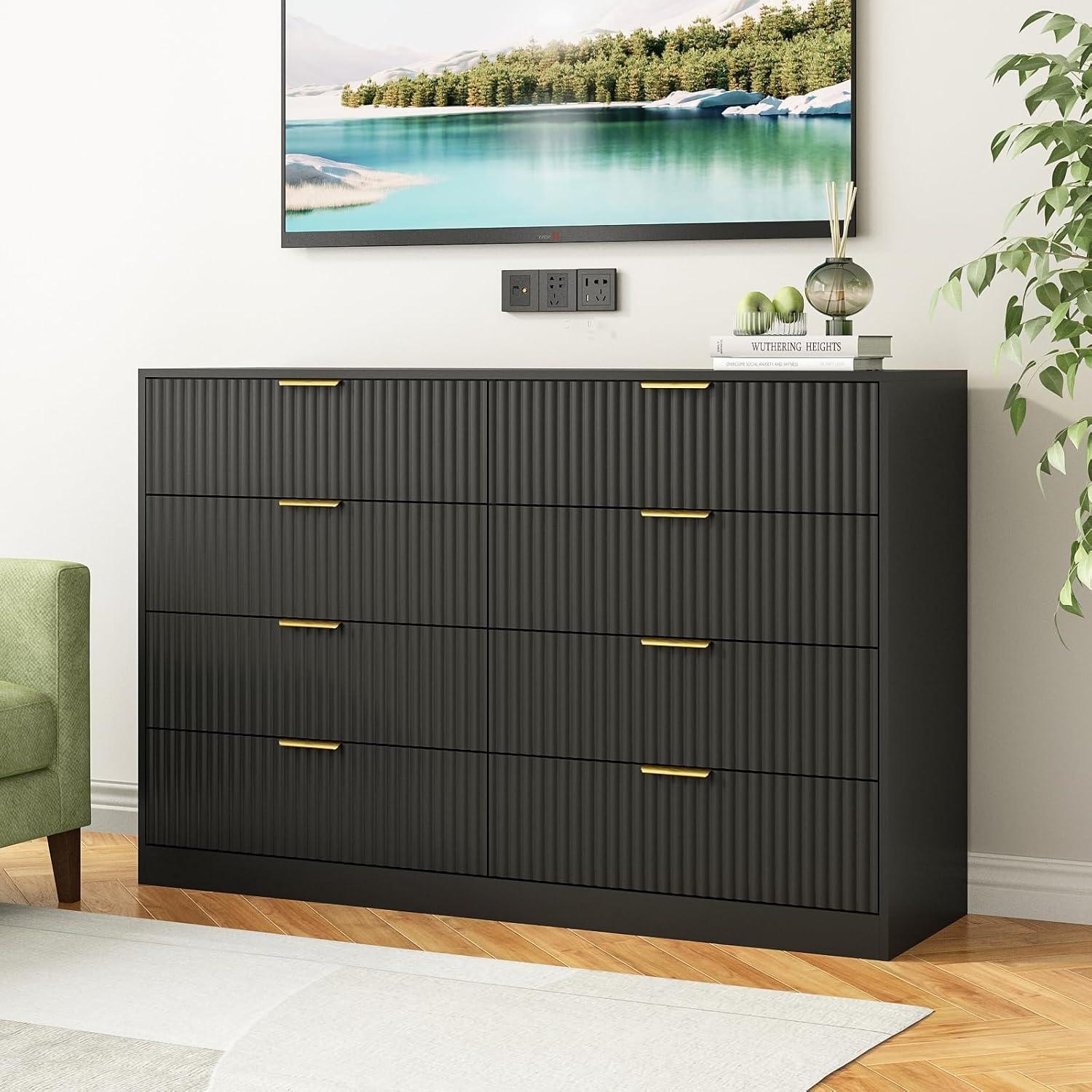 Fluted Dresser For Bedroom With 8 Drawers, 55" Wide Modern Chest Of Drawers With Metal Handle