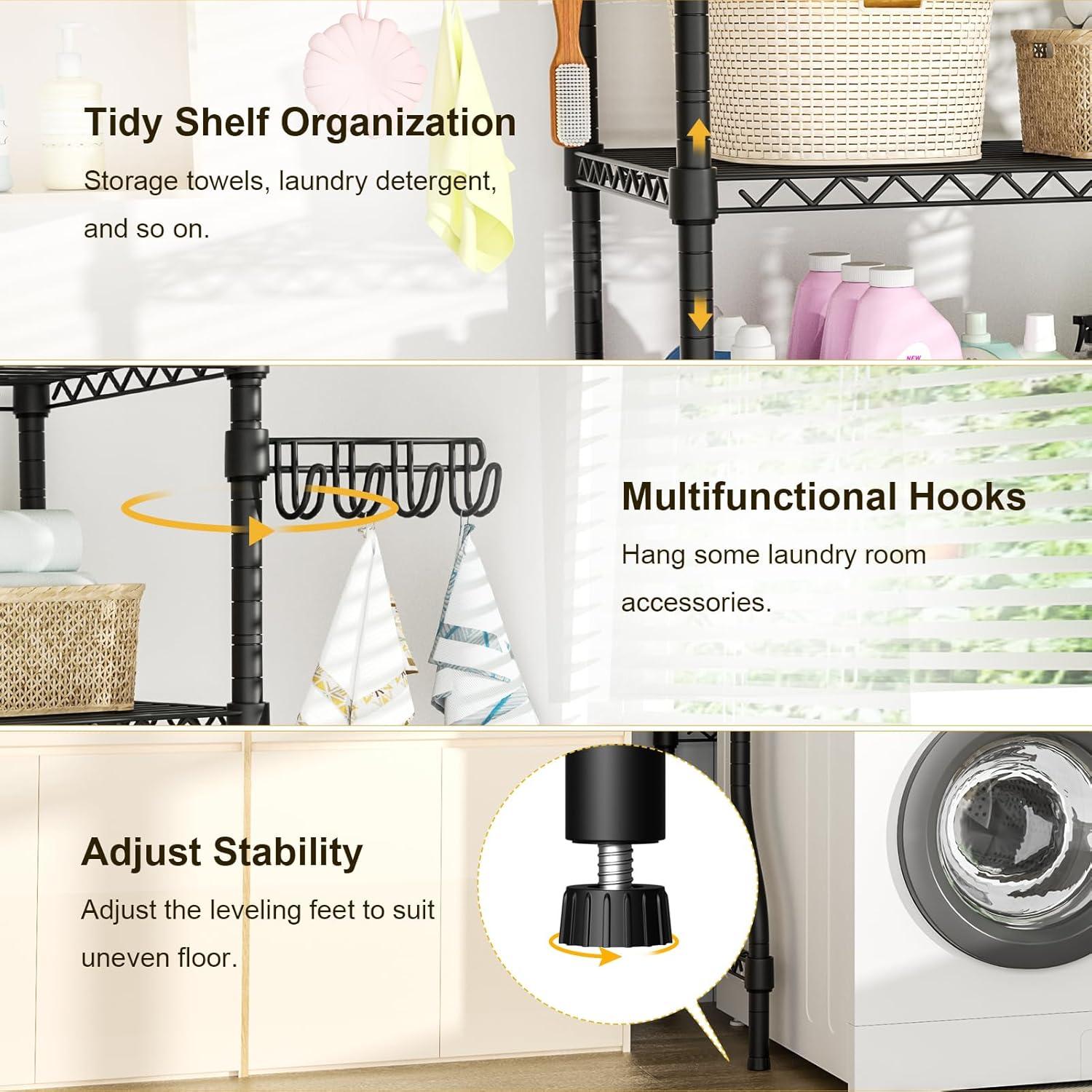 Organizador de Almacenamiento para Cuarto de Lavado U8, Estantes de Almacenamiento para Lavadora y Secadora para Organización de Lavandería, 35" de Ancho x 13.4" de Profundidad x 76.2" de Alto, Adecuado para Lavadora con un Ancho de 32.6", Capacidad para 304 lb, Negro