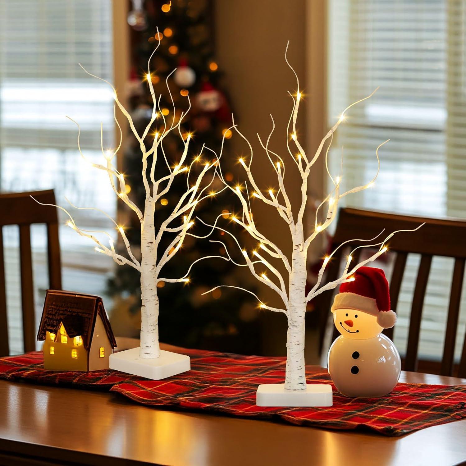 The Holiday Aisle® White Birch Tree With LED Lights - Set Of 2, LED Tabletop Tree With Timer, Christmas Decorations Lighted Tree For Indoor Mantel Home Decor (2 FT, 24 LED)