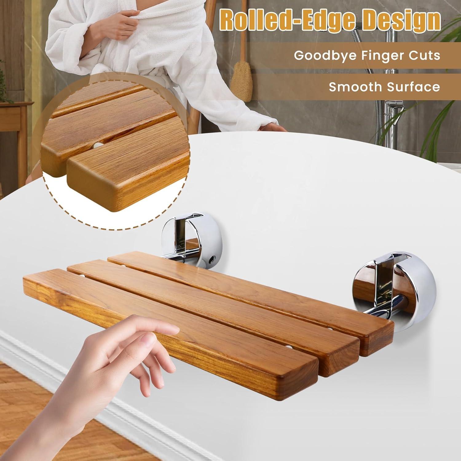 20 inchs Teak Folding Shower Seat Wall Mounted,Fold Down Shower Bench for Shower Space, Home Care Teak Wood Stool for Inside Shower,Pregnants-Maximum Load 440lb (Glossy & Yellow)