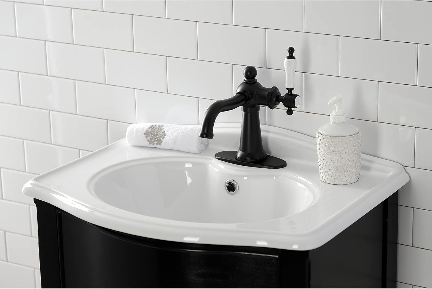Kingston Brass KSD154KLMB Nautical One-Handle Single-Hole Bathroom Faucet with Deck Plate and Push Pop-Up Drain, Matte Black
