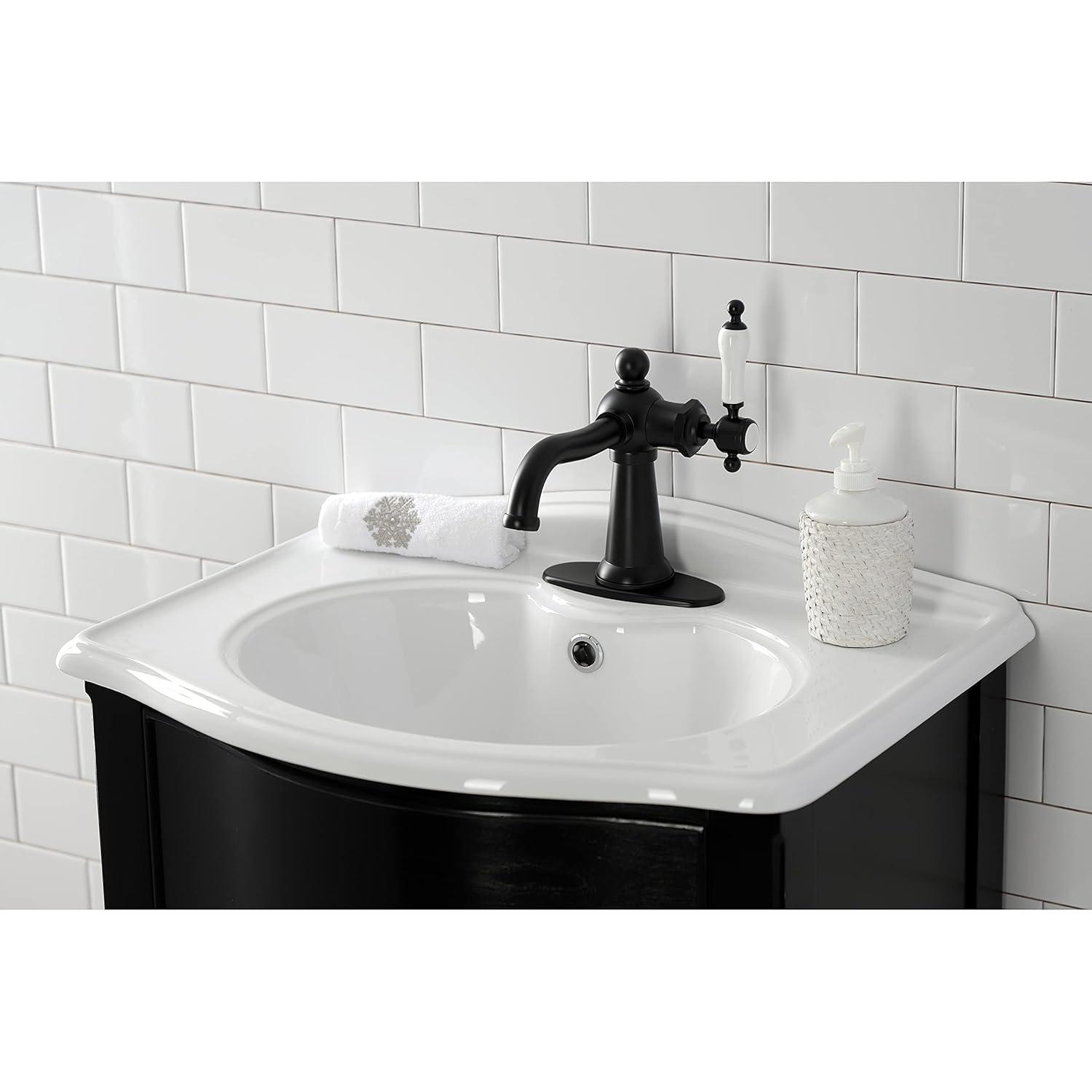 Kingston Brass KSD154KLMB Nautical One-Handle Single-Hole Bathroom Faucet with Deck Plate and Push Pop-Up Drain, Matte Black