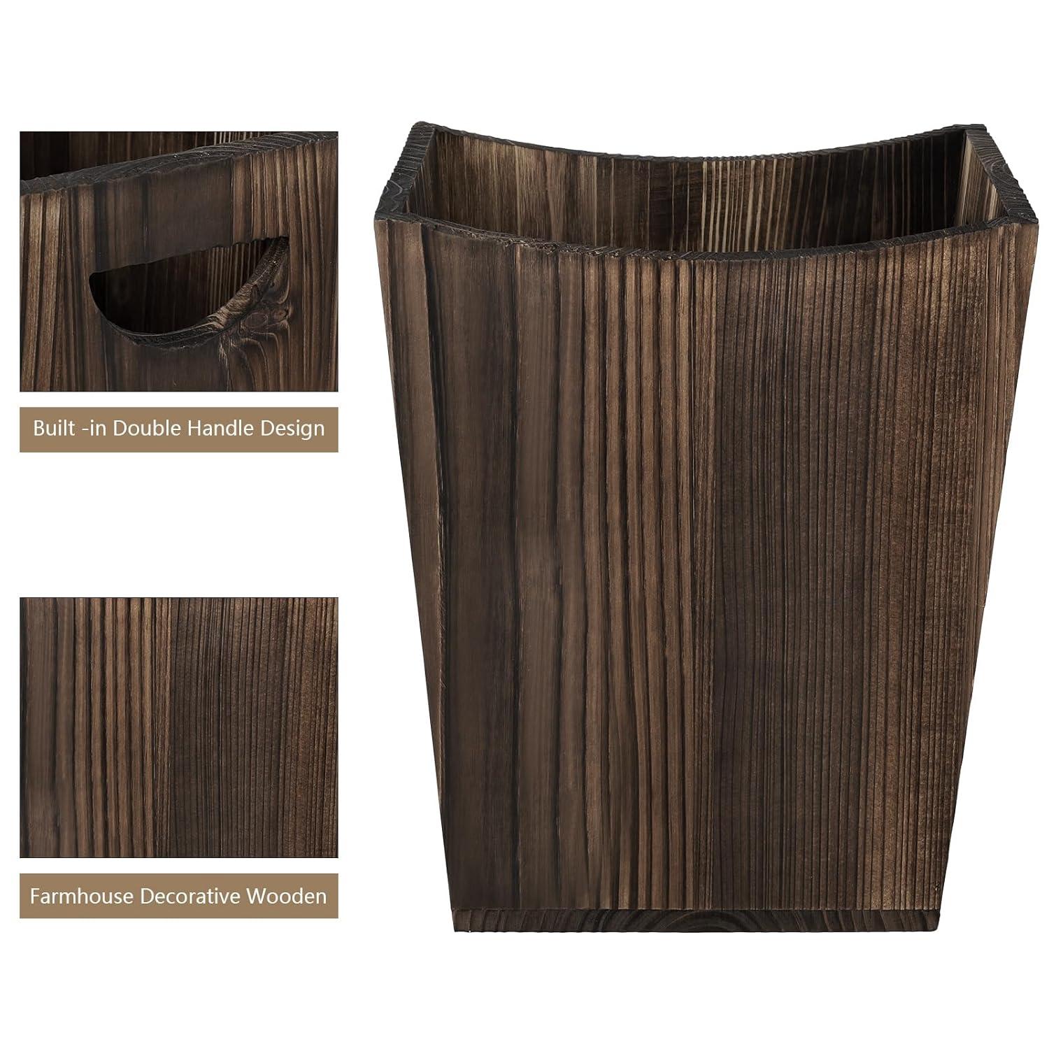 Rustic Brown Wood Rectangular Wastebasket with Handles