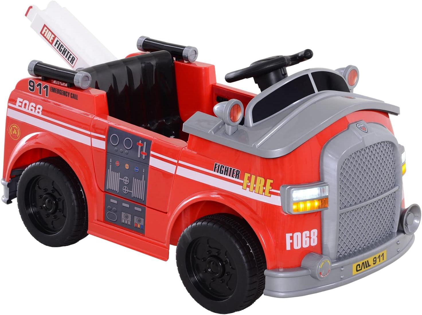 Aosom 6V Electric Ride-On Fire Truck Vehicle for Kids with Remote Control, Music, Lights, and Ladder