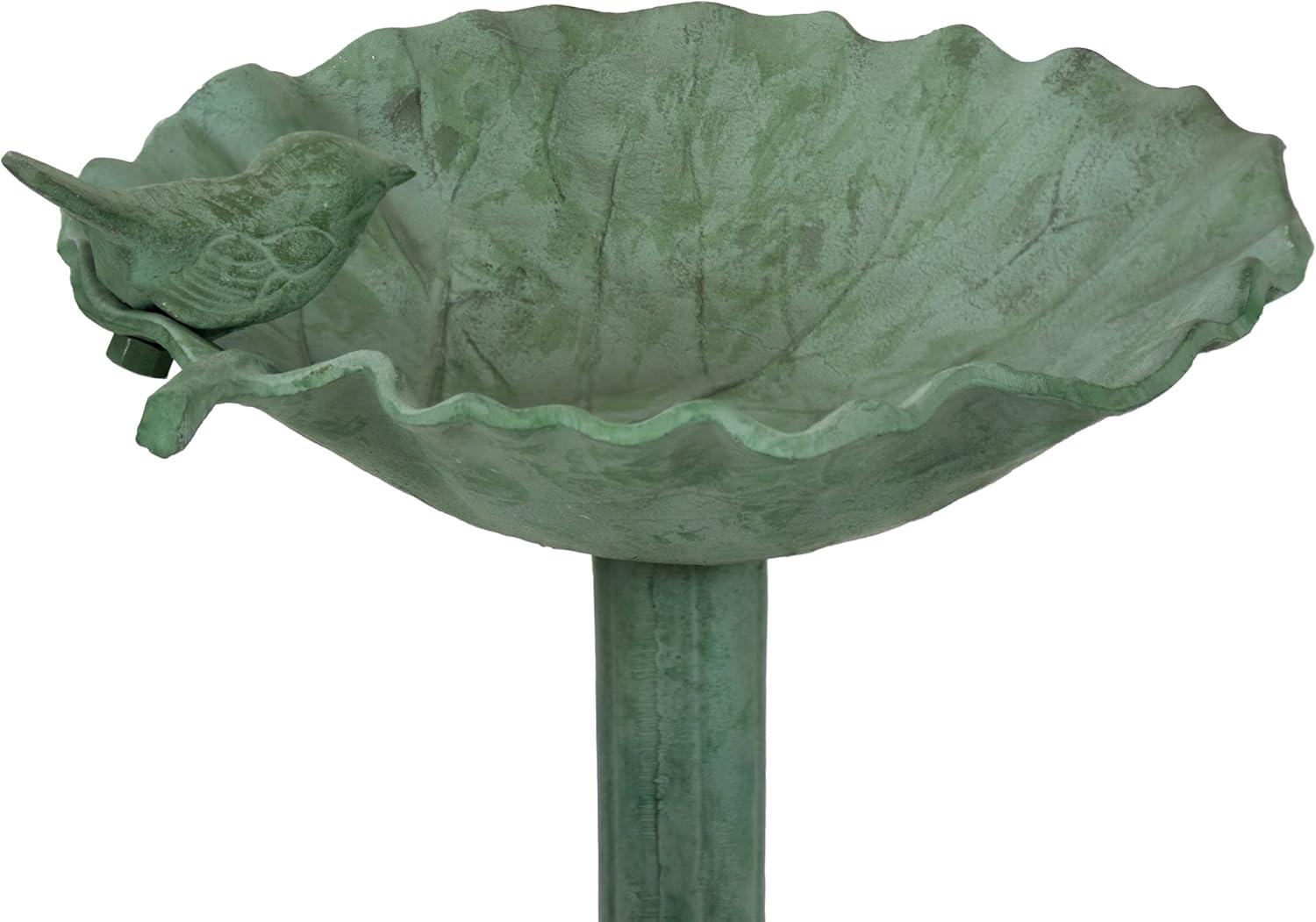 Autumnal Leaf Freestanding Cast Aluminum Outdoor Bird Bath - Green Patina