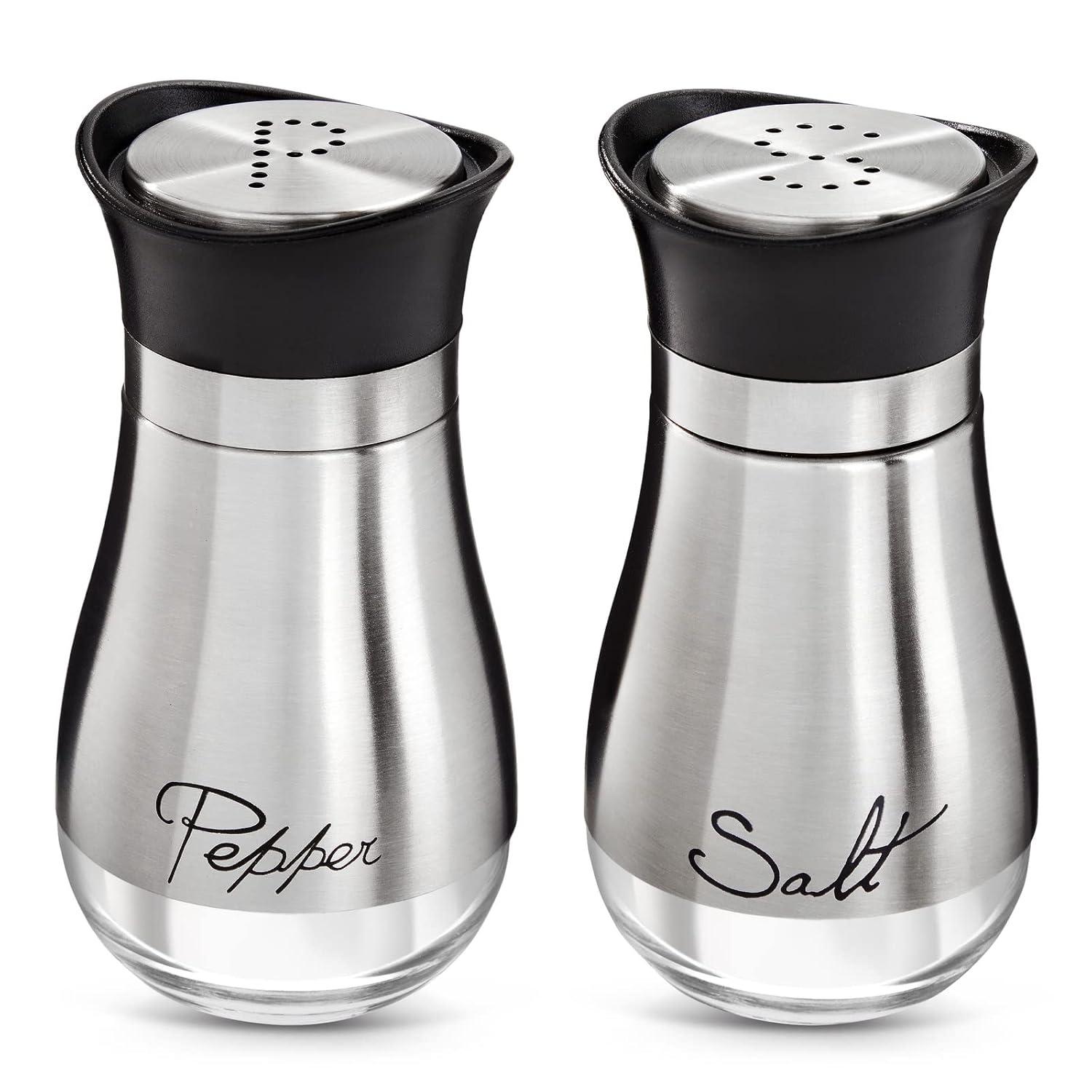 Juvale Stainless Steel Salt and Pepper Shakers Set with Glass Bottom, Perforated "S" and "P" Caps - Modern Kitchen Decor (4oz)