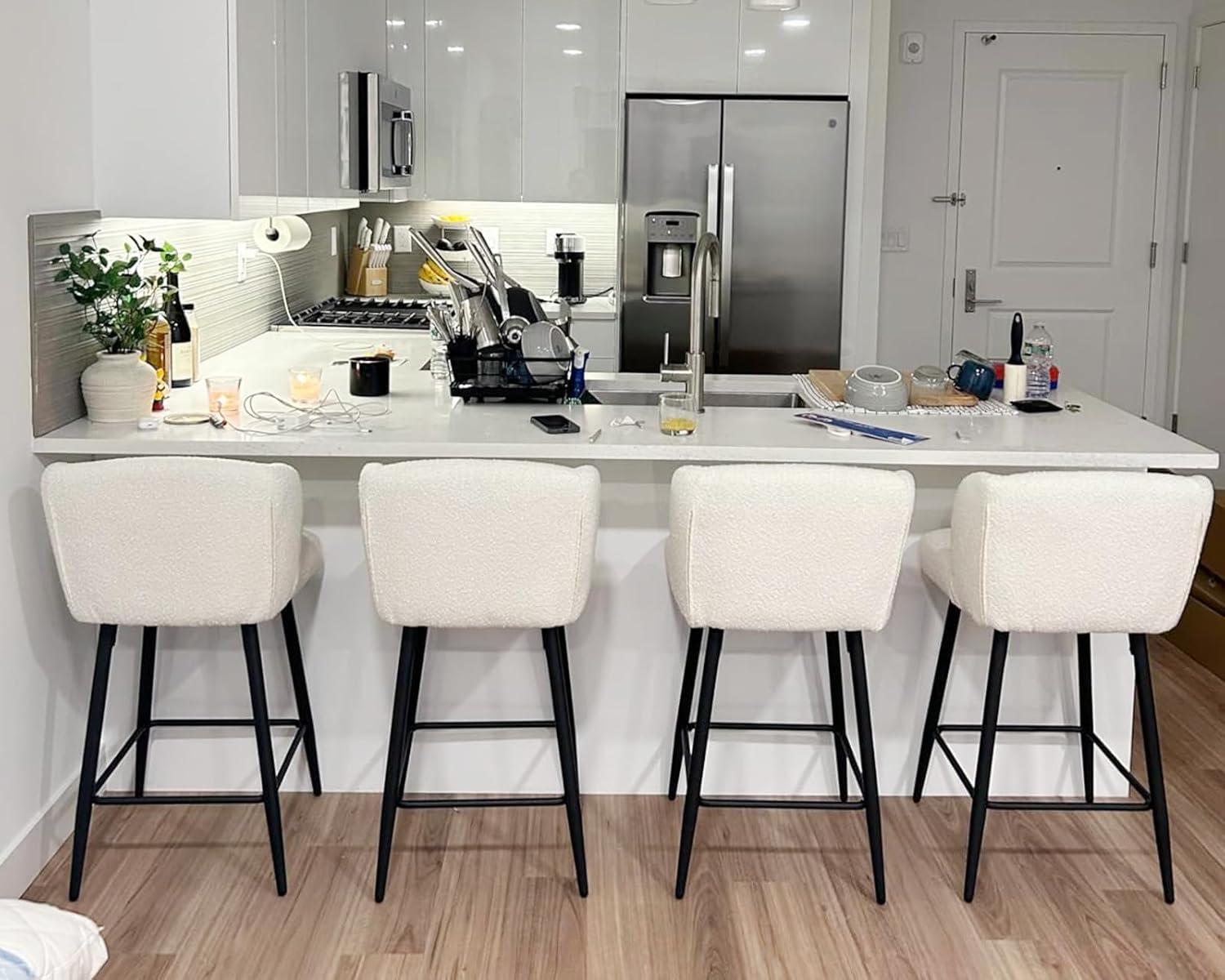 Modern Counter Height Bar Stools Set of 2, 26 Inch Faux Sherpa Upholstered Bar Stools with Back, 18" Seat Wide Island Stools with Black Metal Frame for Kitchen Counter/Breakfast Bar/Restaurant, White