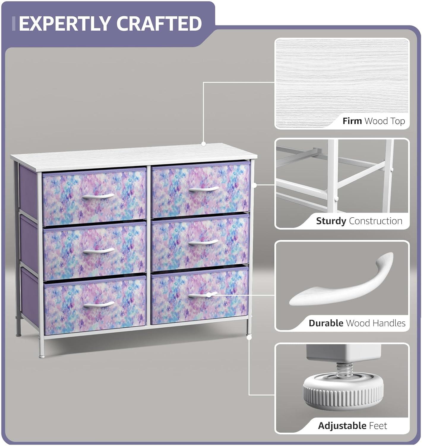 Sorbus 6 Drawers Dresser- Storage Unit with Steel Frame, Wood Top, Fabric Bins - for Bedroom, Closet, Office and more (Tie Dye Purple)