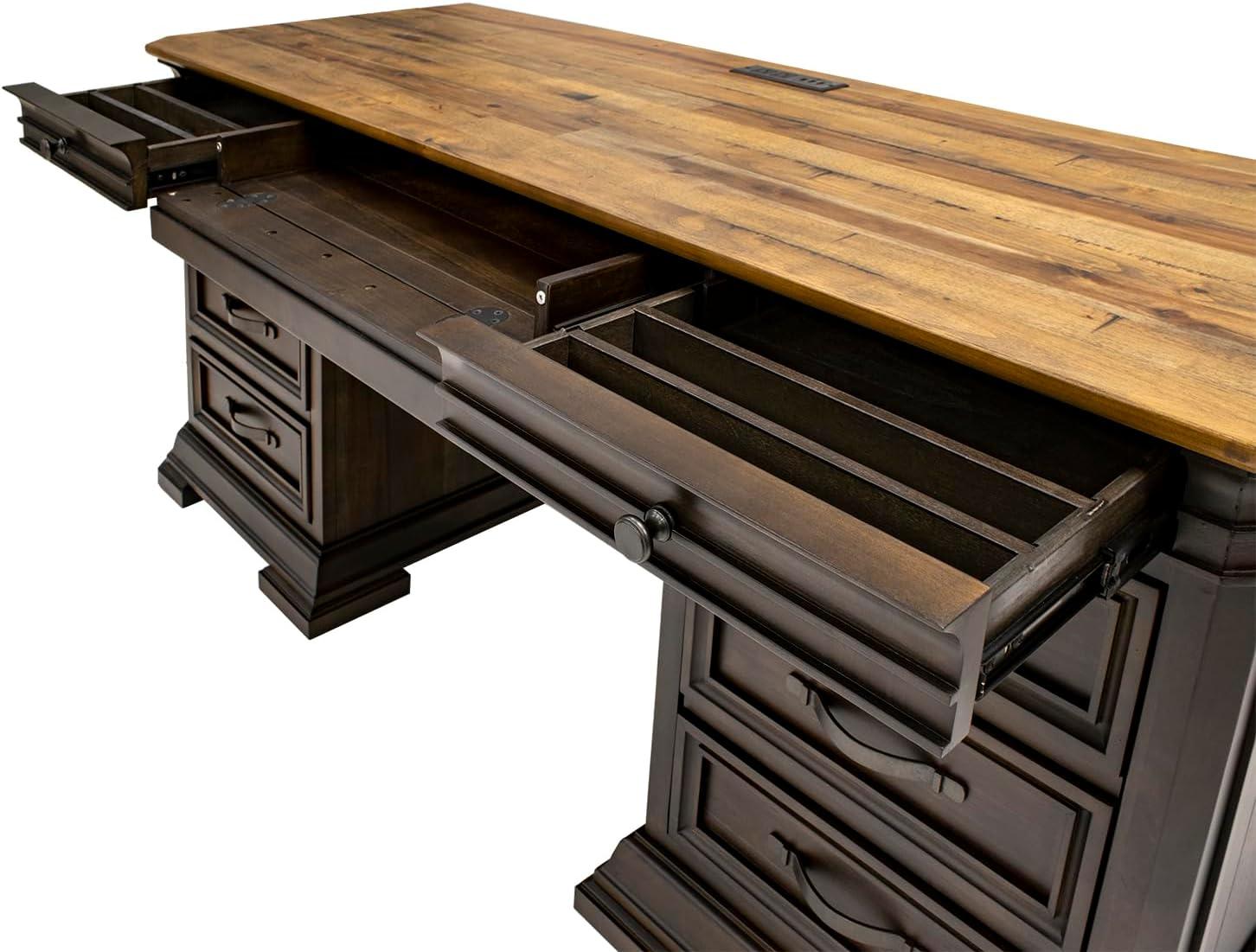 Executive Credenza Desk Writing Table With Solid Wood Plank Top Brown