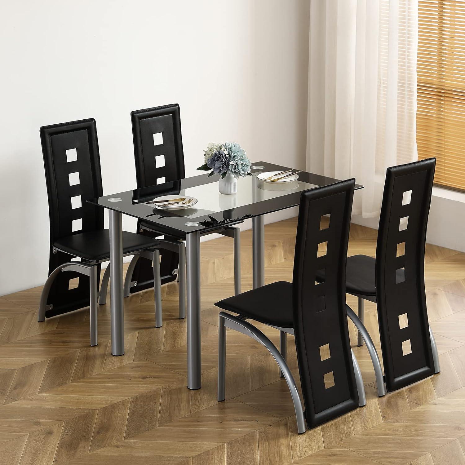 Black Tempered Glass and PU Leather 5-Piece Dining Set