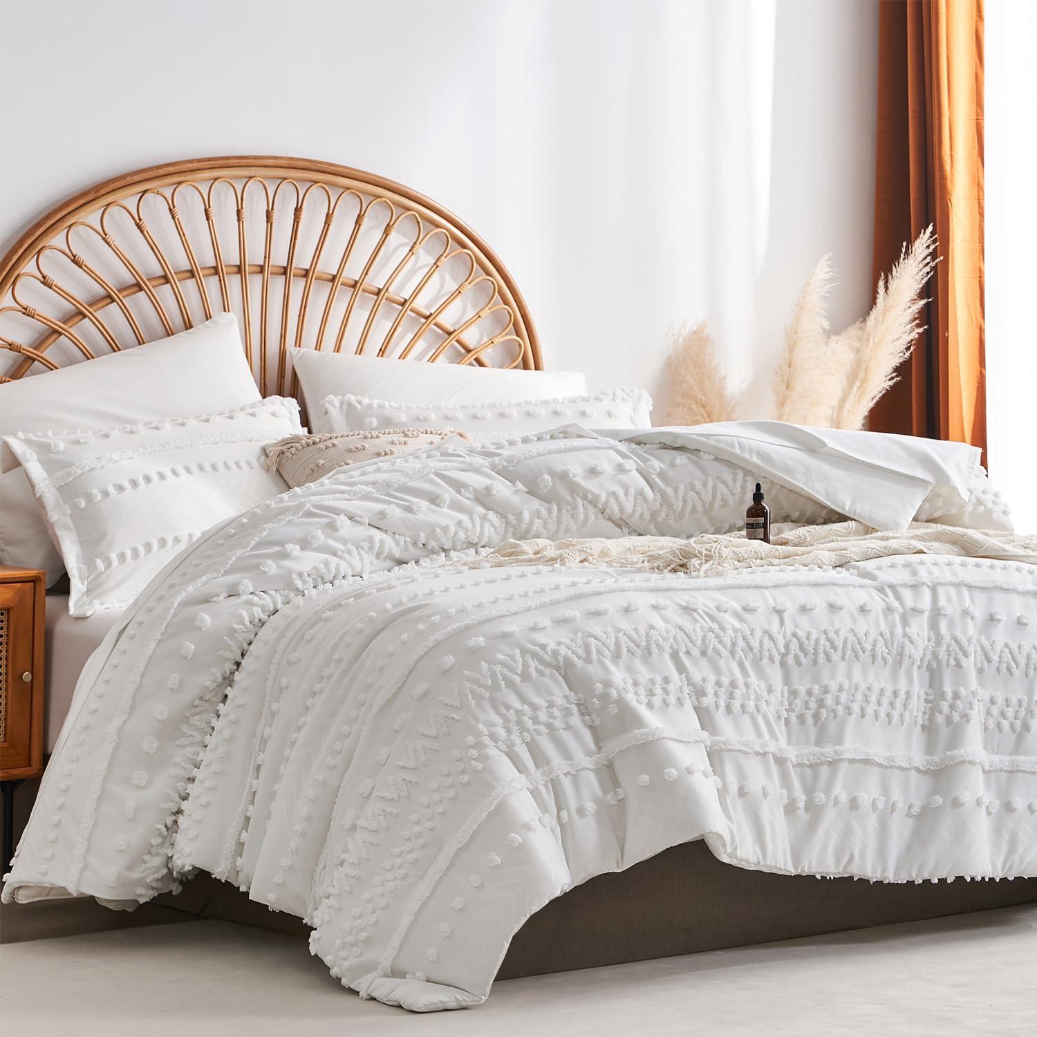 7 Pieces Queen Comforter Set, White Tufted Boho Shabby Chic Bed in a Bag Comforter and Sheet Set, All Season Soft Microfiber Complete Bedding Set (White, Queen)