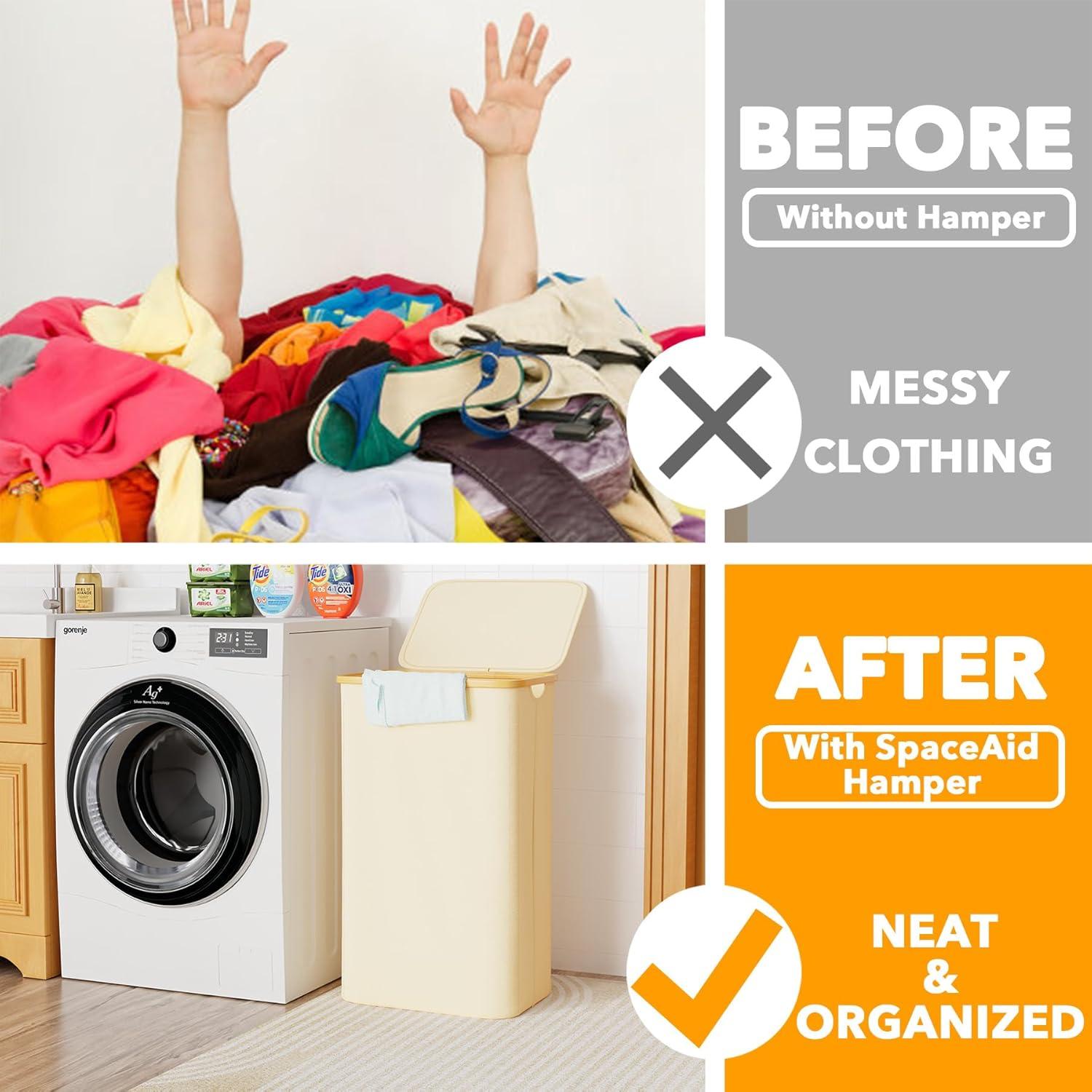 110 L Laundry Hamper with Lid,features Bamboo Handle,Blue