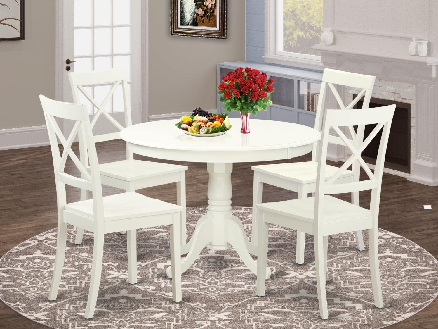 Linen White Round Wood Dining Table Set with 4 High Back Chairs