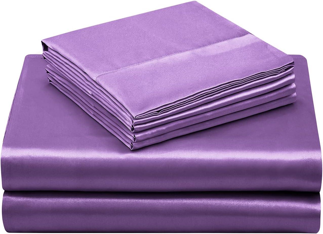 Hight Thread Count Solid Color Soft Silky Charmeuse Satin Luxury and Super Soft Bed Sheet Set (Purple, Queen)