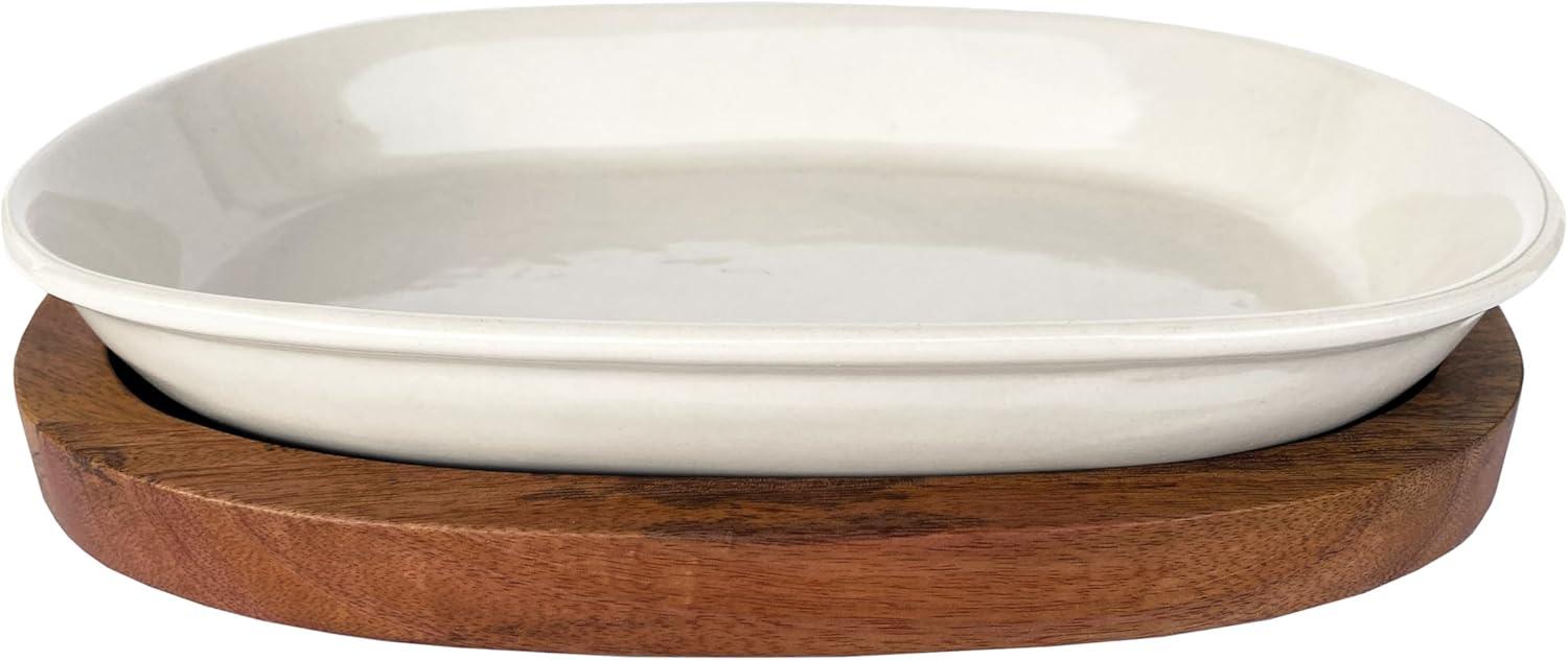 Cream Stoneware Serving Dish with Mango Wood Base