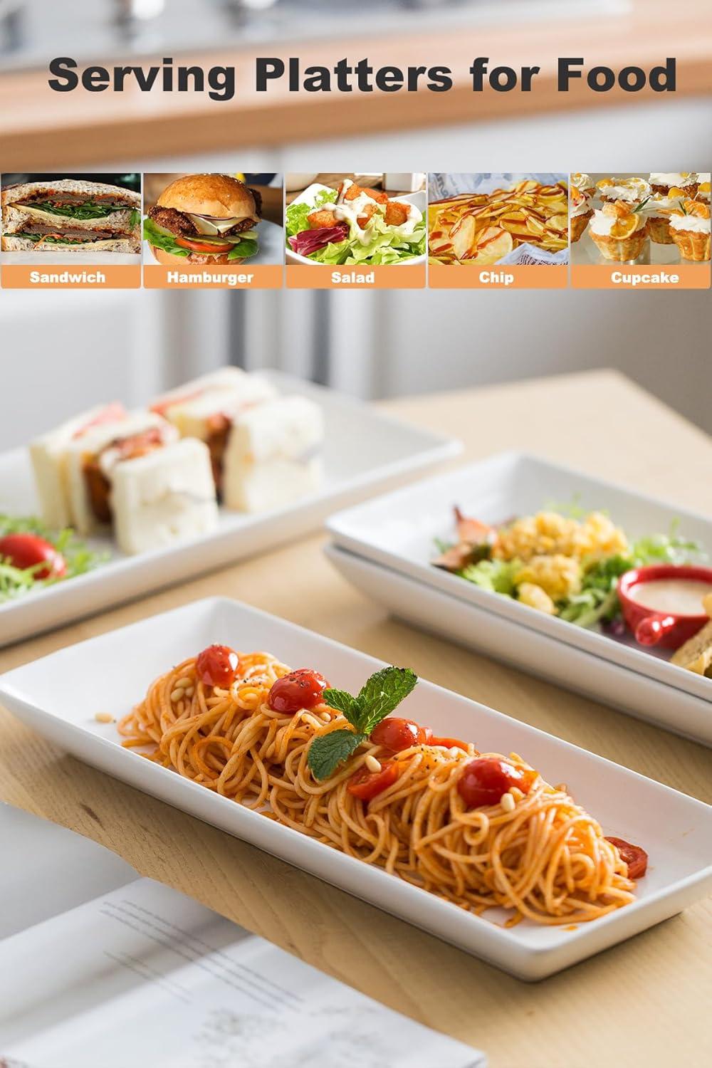 LAUCHUH Serving Platters and Tray White Serving Dishes for Entertaining 14-inch Large Rectangle Plates for Christmas, Porcelain Serving Trays for Steak, Taco, Sushi, Appetizer, Party, Set of 4