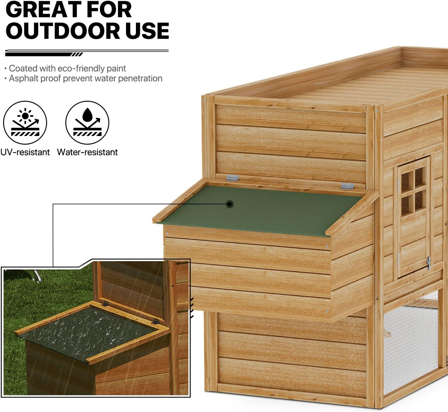 MoNiBloom Outdoor Chicken Coop with Nesting Box, Outdoor Hen Run House with Slide-Out Tray and Sliding Door, Weatherproof Poultry Cage, Rabbit Hutch, Wood Duck House (Natural)