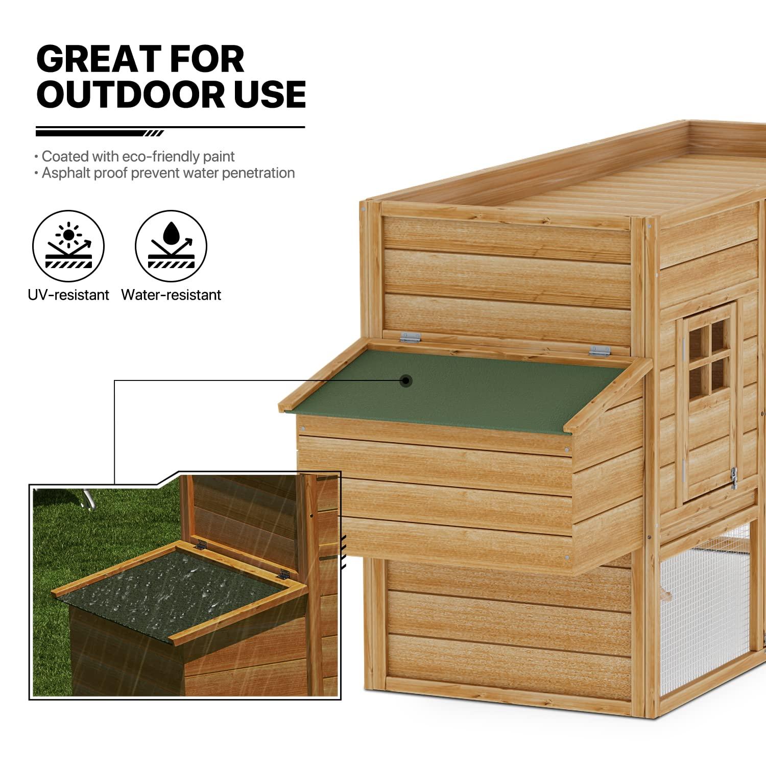 MoNiBloom Outdoor Chicken Coop with Nesting Box, Outdoor Hen Run House with Slide-Out Tray and Sliding Door, Weatherproof Poultry Cage, Rabbit Hutch, Wood Duck House (Natural)