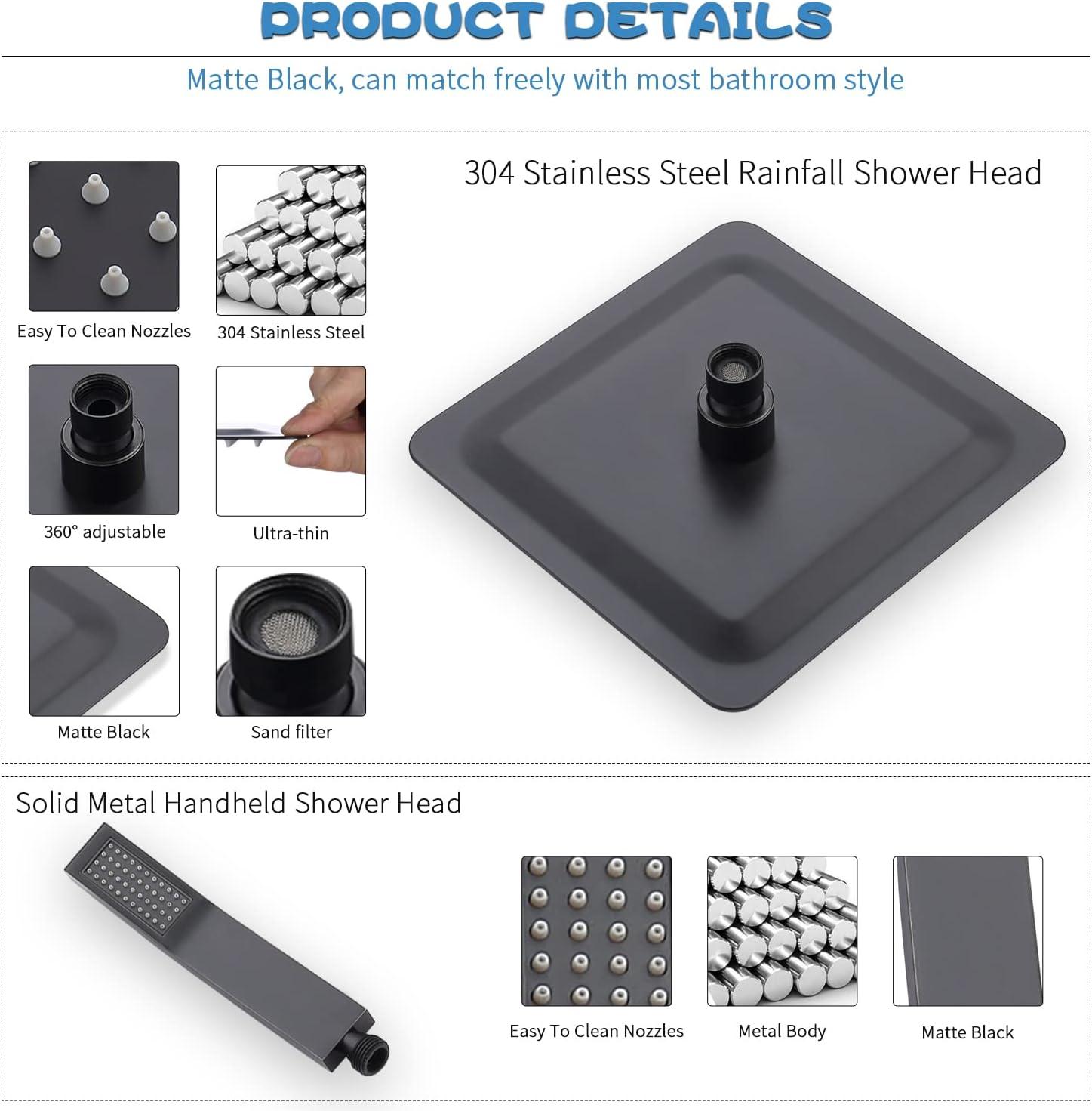 All Metal Shower Faucet Set, Dual Square Shower Head System with Handheld Wand, Diverter, Hose Complete Combo, Pressure Balance Rough-in Valve Included