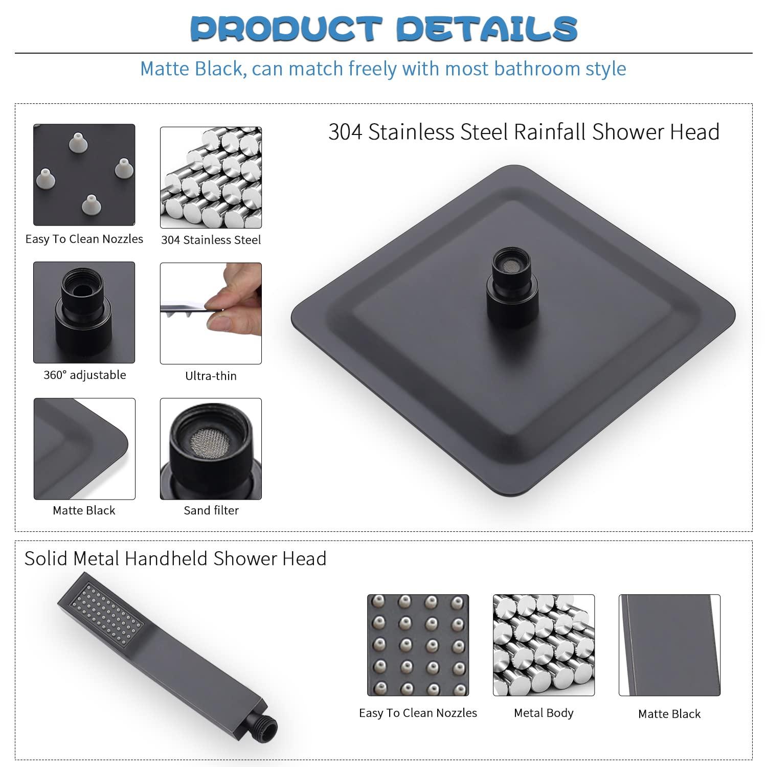 All Metal Shower Faucet Set, Dual Square Shower Head System with Handheld Wand, Diverter, Hose Complete Combo, Pressure Balance Rough-in Valve Included