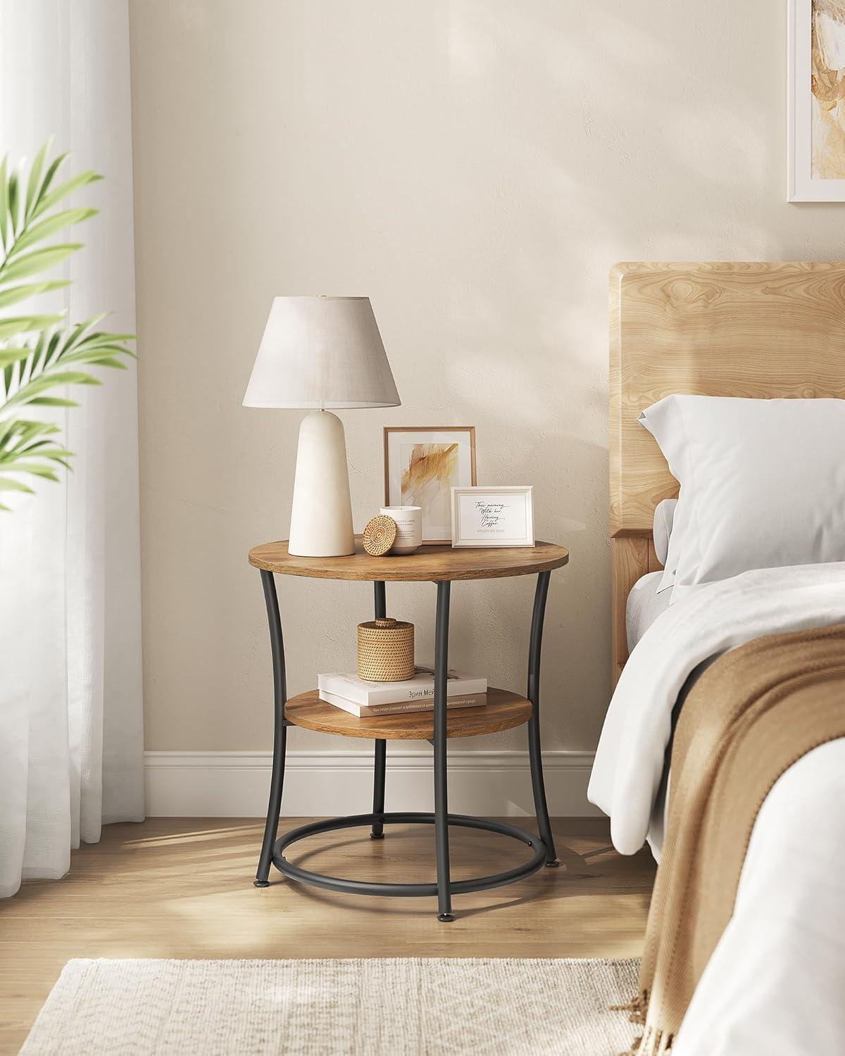 Rustic Walnut and Black Round Metal Side Table with Shelves