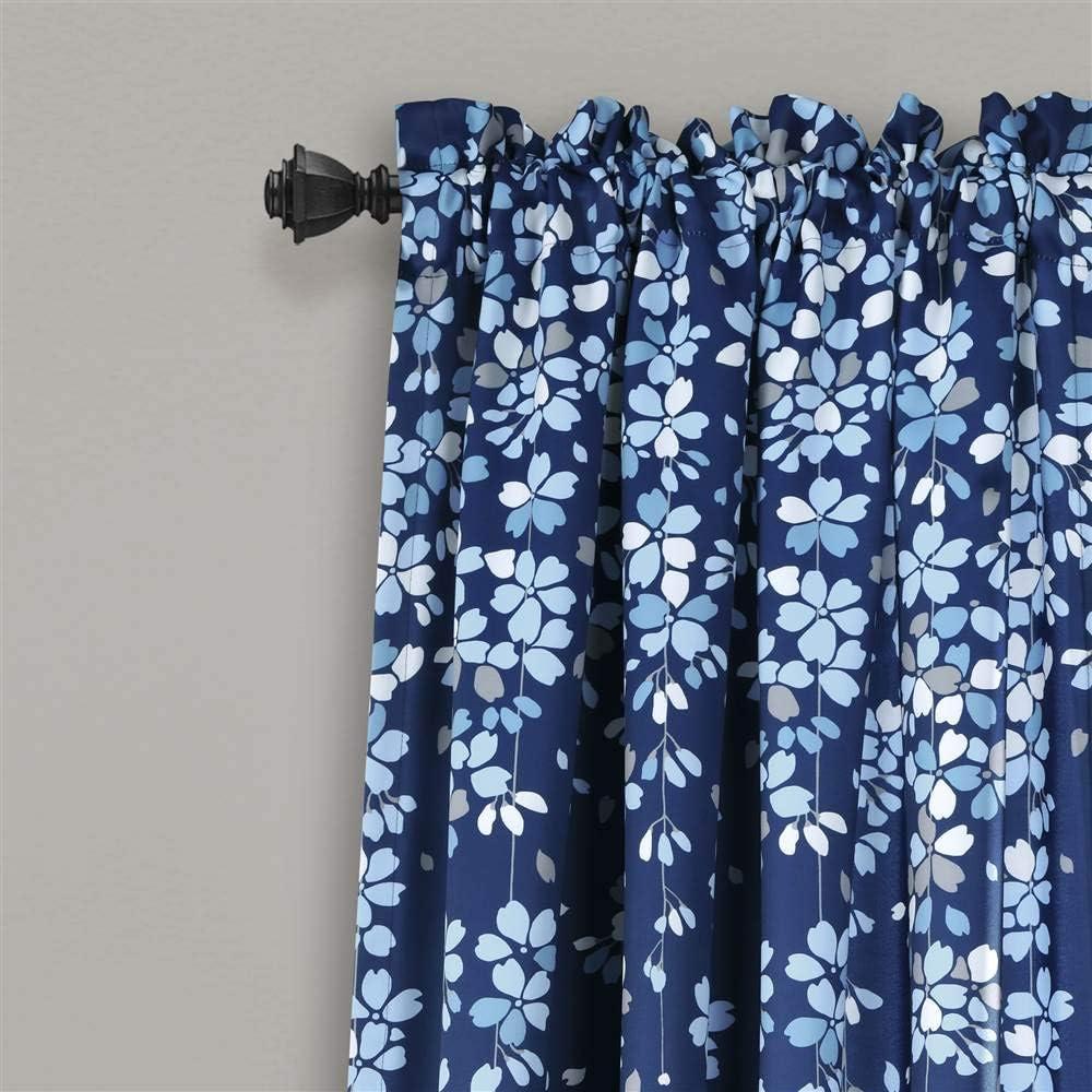 Lush Decor Weeping Flower Bright Colorful Floral Print 3" Rod Pocket Room Darkening Window Curtain Panel, Navy, 95"L x 52"W + 2" Header, Set of 2